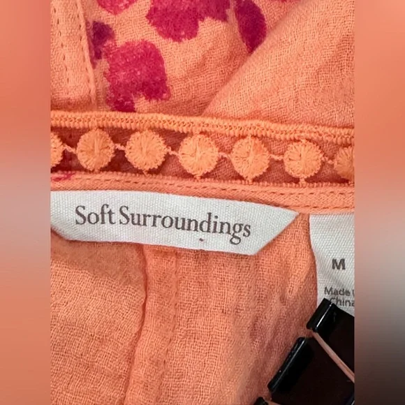 Soft Surroundings Floral Tunic M Coral Peach Boho Crinkle Cotton Gauze 3/4 slv - Picture 9 of 10